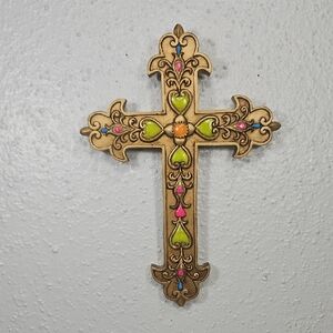 Ornate Resin Gold and Neon Hearts Wall Cross Decor